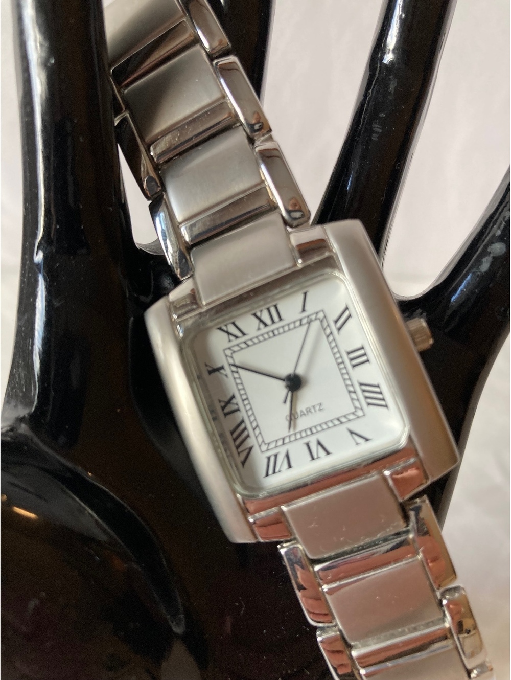 Women’s Quartz Watch Silver Tone Rectangle Roman Dial Link Band Runs New Batt